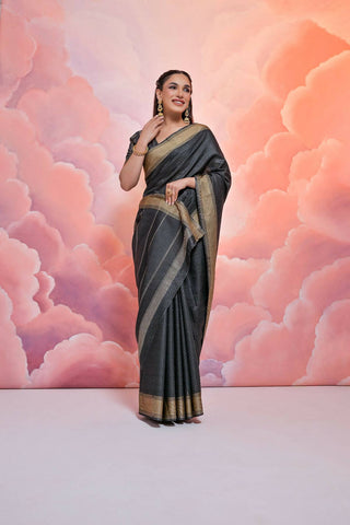 Vishnu Weaves Women's Black Cotton Self Weaving Saree with Blouse - Distacart