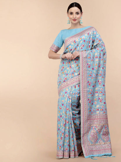 Blue Silk Blend Woven Design Saree With Unstitched Blouse Piece - Aloki - Distacart