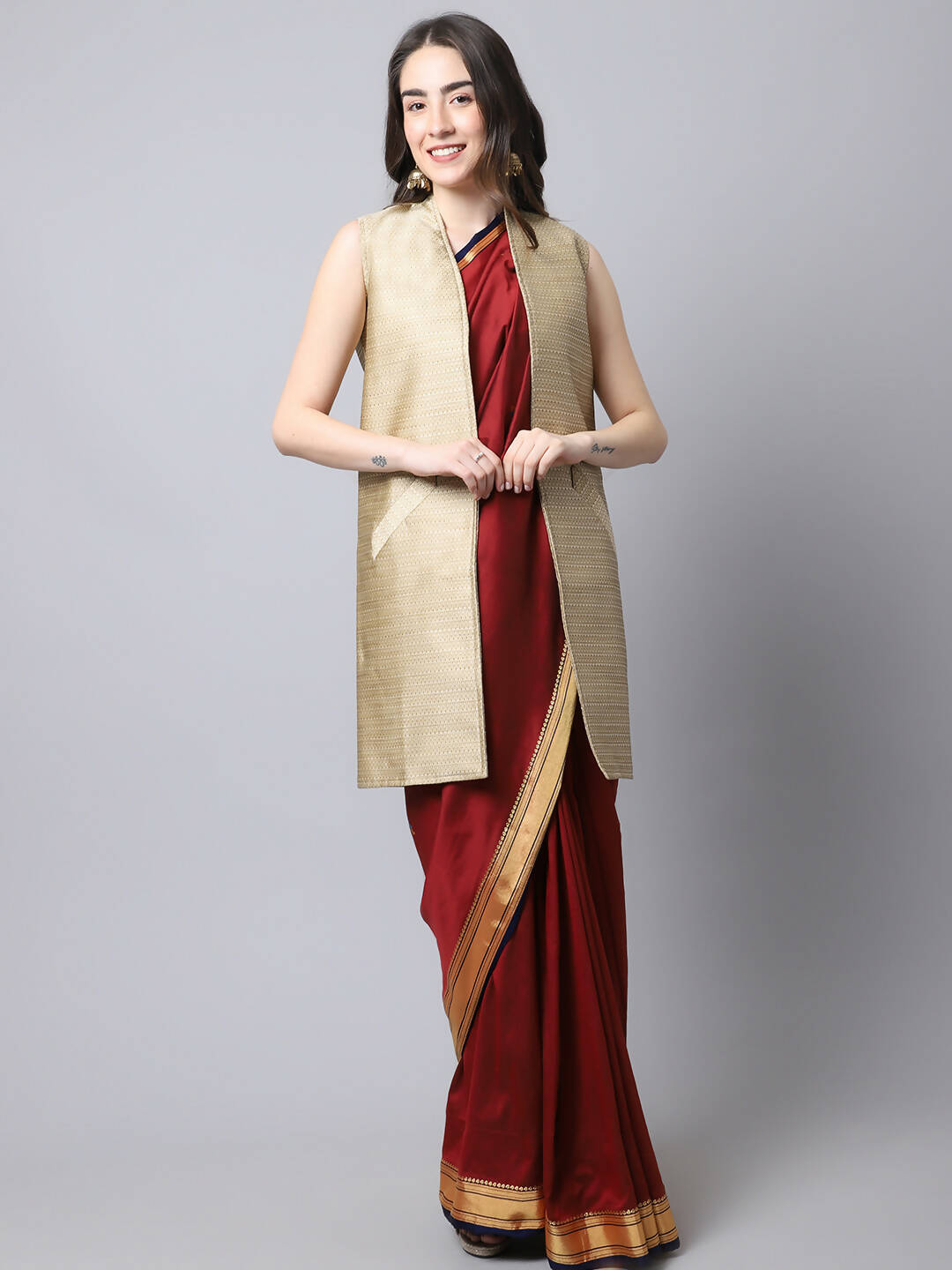 Even Apparels Beige Bansari Silk Open Front Women's Long Coat - Distacart