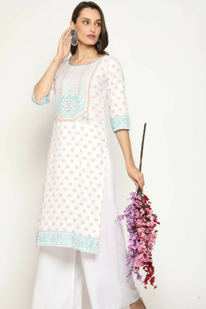 Maai Rayon Hand Printed Kurta Off-White - Distacart