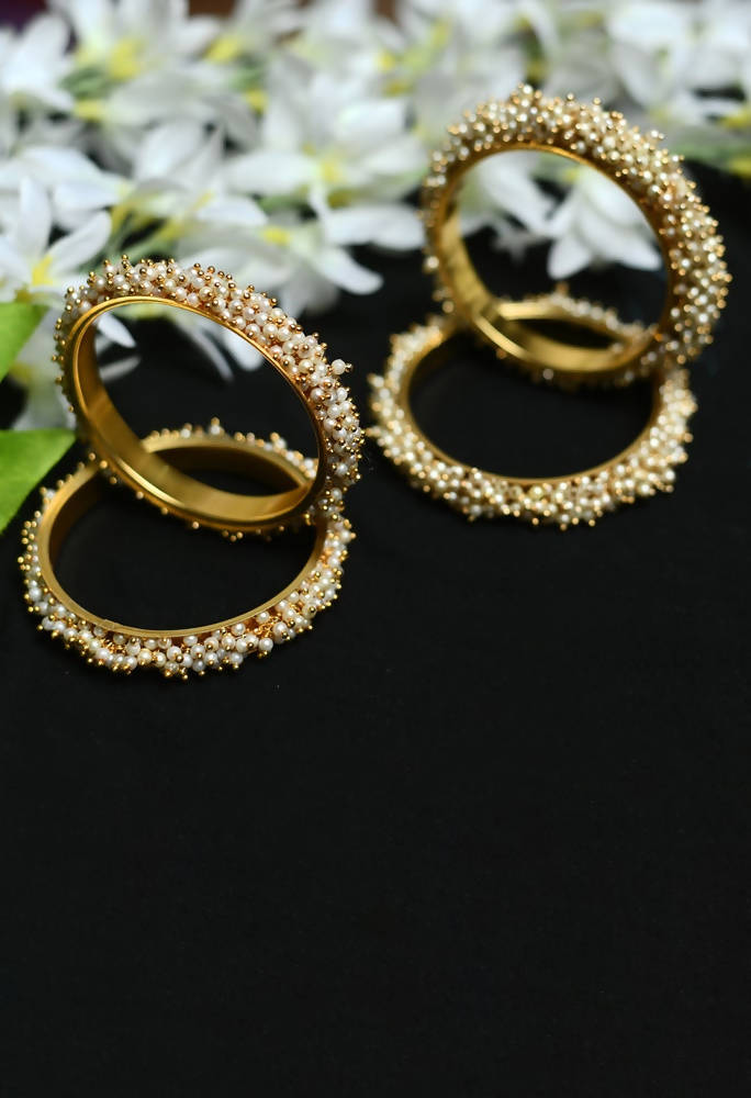 Mominos Fashion Kamal Johar Pearls Golden Off White Beads Bangles Set