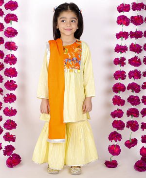 Little Bansi Yellow and Orange Color Mirror work Kurta frock with Sharara and Dupatta