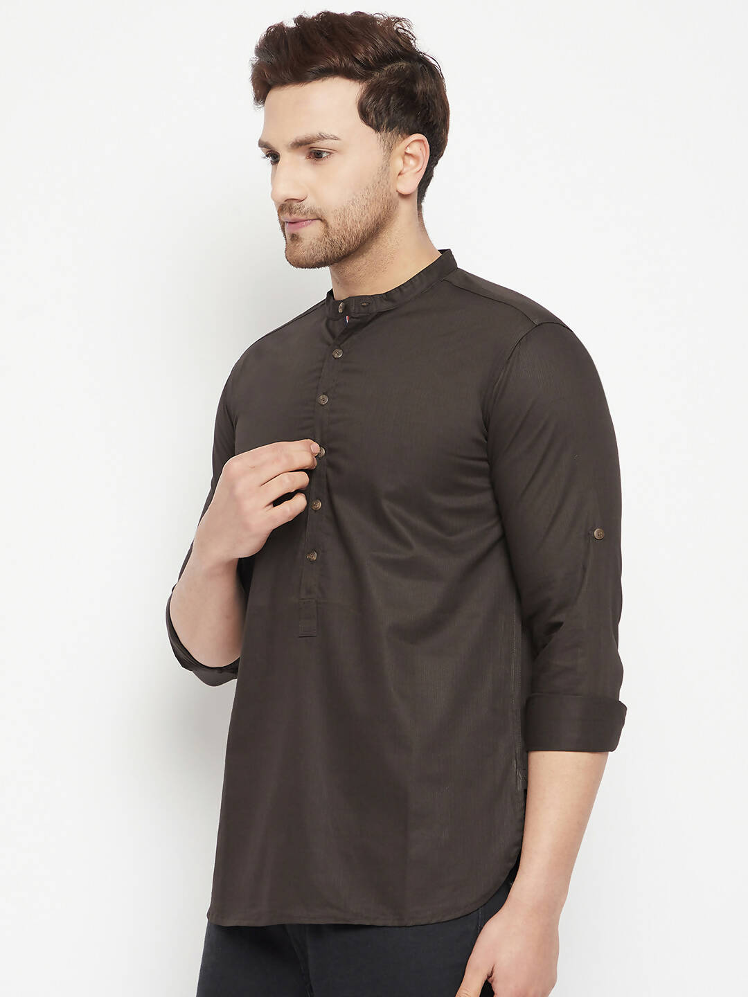 Even Apparels Brown Pure Cotton Long Men's Kurta With Band Collar - Distacart