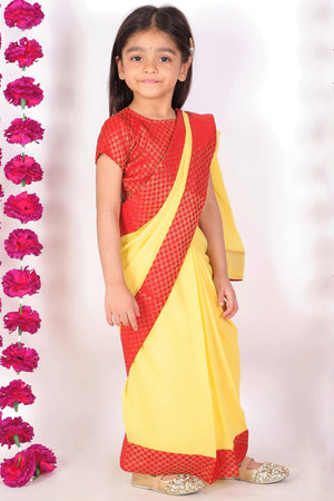 Little Bansi Red and Yellow Color Saree with Floral Brocade Blouse