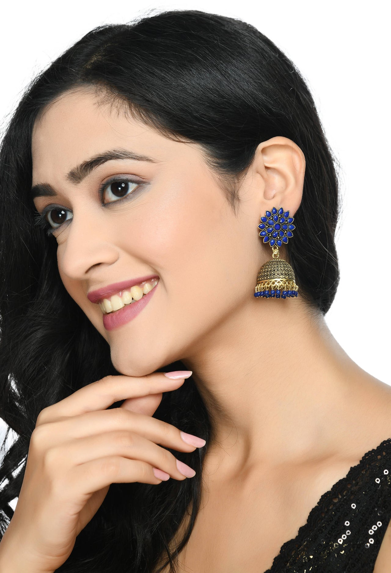 Mominos Fashion Johar Kamal Kundan Work Jhumka With Blue Beads For Women - Distacart