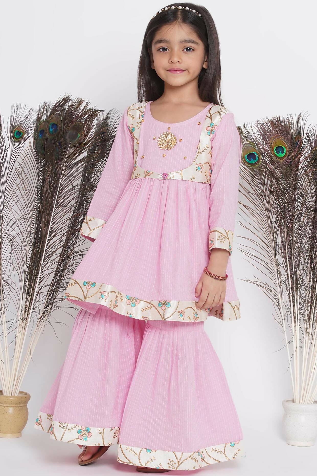 Little Bansi Floral Embroidery Jacket With Cotton Kantha Frock Sharara And Dupatta With Ghungroo Handwork - Pink - Distacart