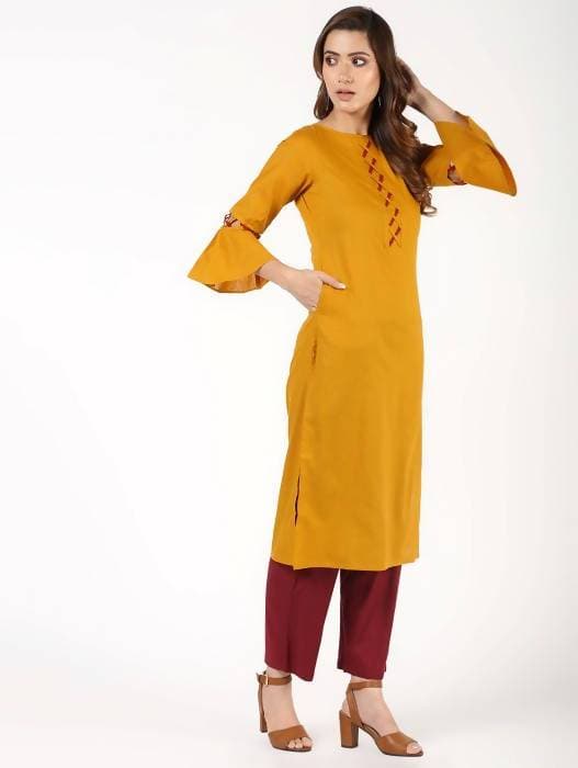 Aniyah Cotton Criss Cross Bell Sleeves Straight Mustard Color Kurta (AN-146K)