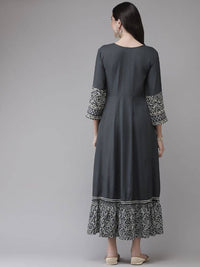 Thumbnail for Yufta Grey Embroidered Ethnic Maxi Dress