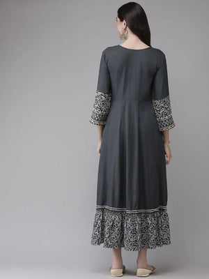 Yufta Grey Embroidered Ethnic Maxi Dress