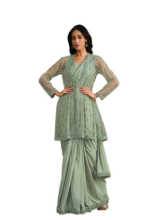 Sea Green Crepe Silk Sequence Embroidered With Stone & Sequence Work Jacket Saree With Stitched Blouse - Mohmanthan La Belle - Distacart