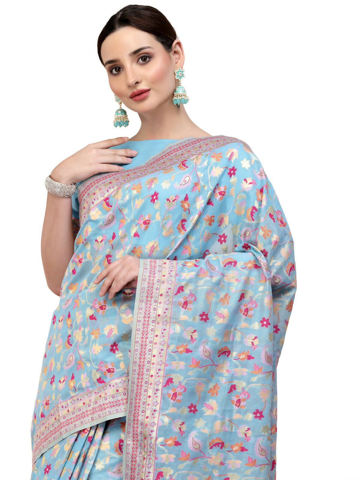Blue Silk Blend Woven Design Saree With Unstitched Blouse Piece - Aloki - Distacart