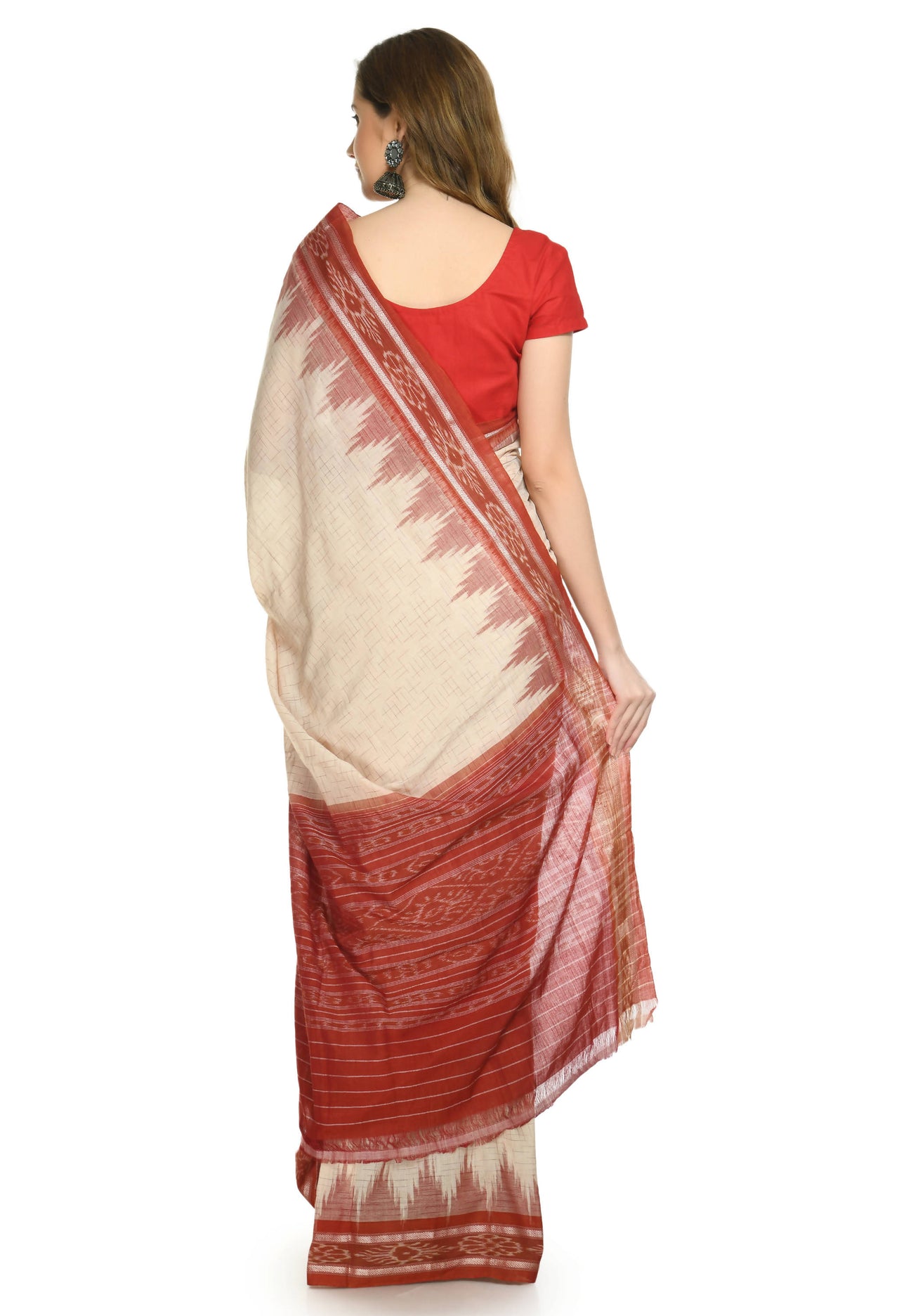 Vamika Sambalpuri Ikat Cotton Jharana Tasrite & Maroon Saree - Distacart