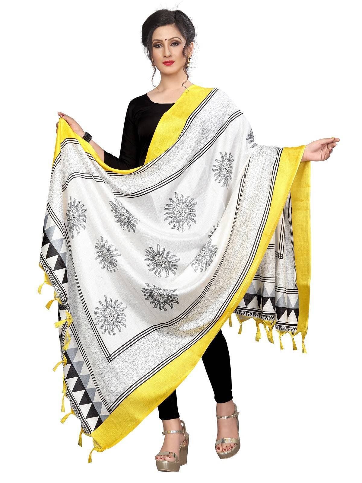 Vamika Yellow-White Printed Khadi Bhagalpuri Dupatta