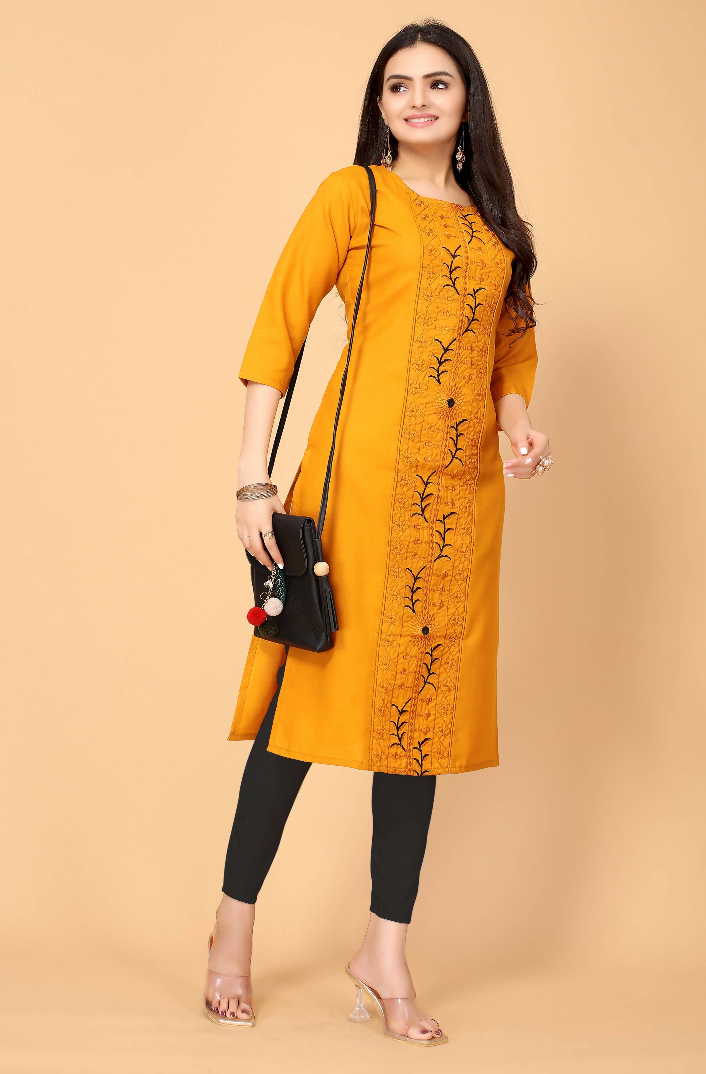 Musterd Cottan Slub Embroidery Kurti - Umi - Distacart