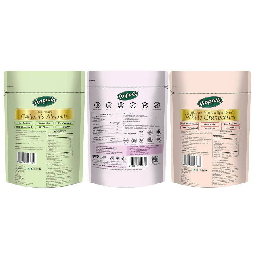 Happilo Premium Dry Fruits Combo (Californian Almonds, Prunes, Cranberries) - Distacart