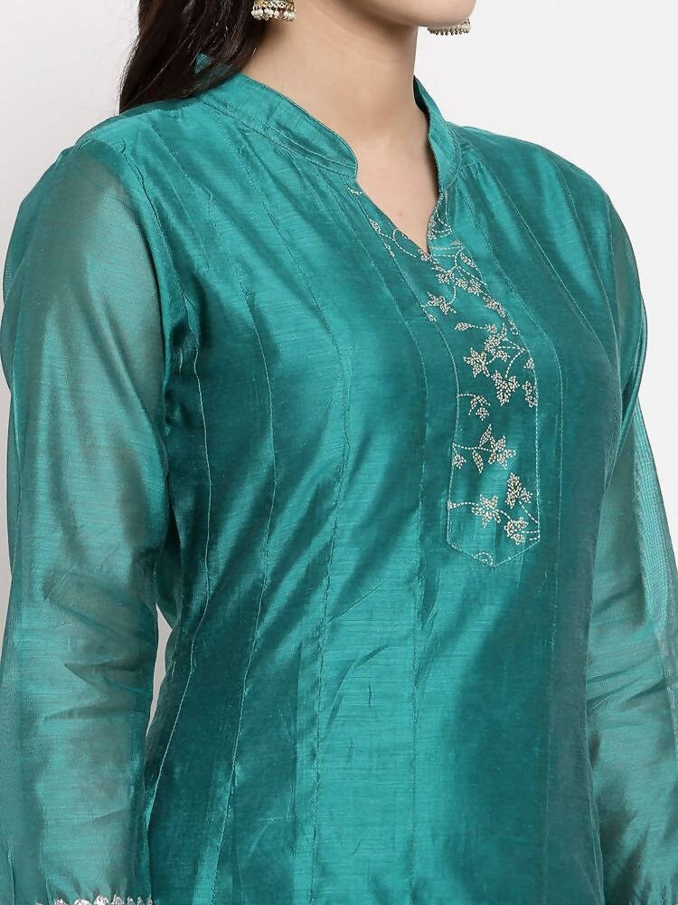 Myshka Women's Green Silk Solid Full Sleeve Mandarin Neck Casual Anarkali Gown