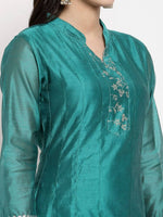 Thumbnail for Myshka Women's Green Silk Solid Full Sleeve Mandarin Neck Casual Anarkali Gown