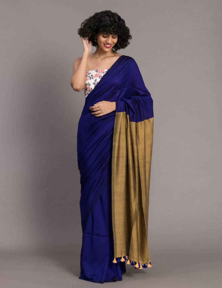 Suta Navy Blue Golden Colourblocked Saree - Distacart