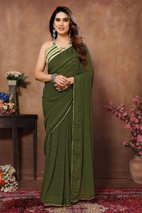 Thumbnail for Partywear Designer Green Georgette Fancy Saree - Satrangi - Distacart