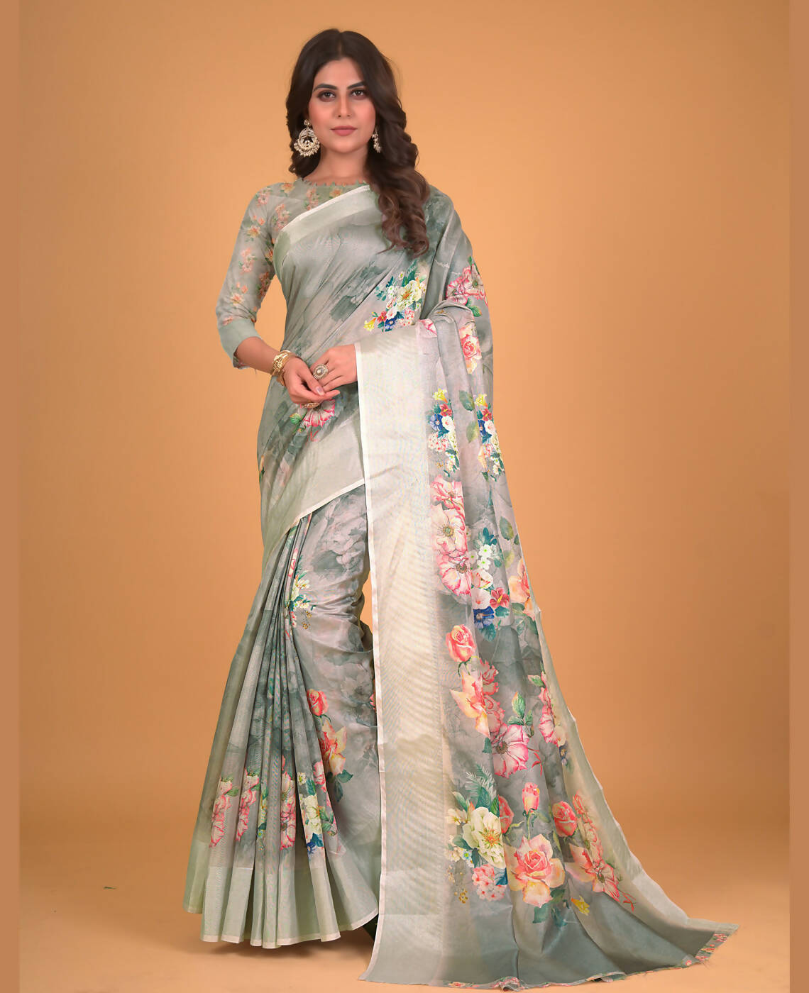 Green Cotton Silk Floral Printed Saree With Unstitched Blouse Piece - Akshita - Distacart
