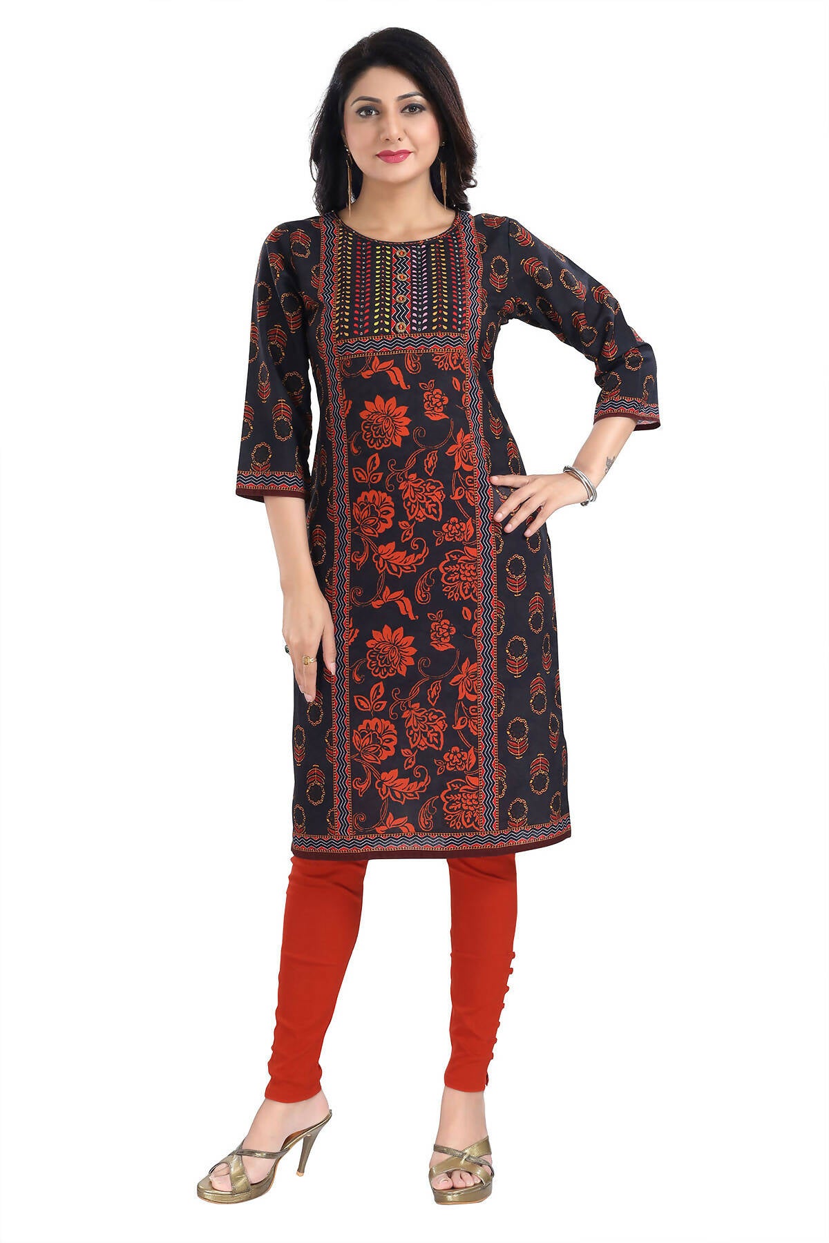 Snehal Creations Elegant Black Designer Digital Print Cotton Slub Fabric Long Kurti Tunic - Distacart