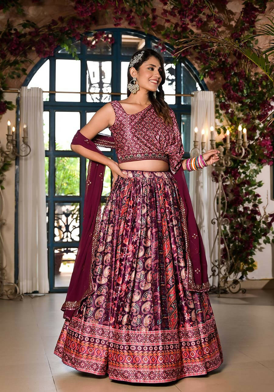 Women's Wedding Traditional Mulberry Dull Satin Lehenga Choli - Kaushlya - Distacart