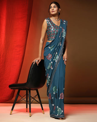 Blue Pure Georgette Sequence work Ready to wear Saree with stitched Blouse - Nirvana - Distacart