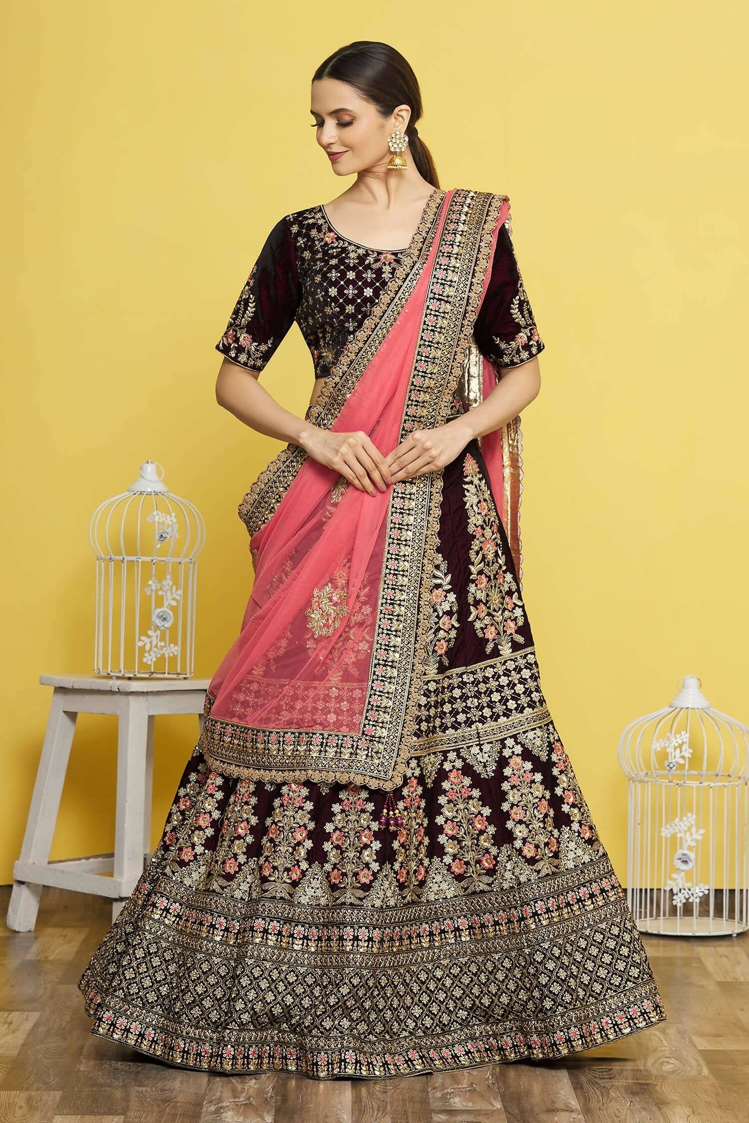 Wine Velvet Semi-Stitched Wedding Bridal Lehenga - Nimaya - Distacart