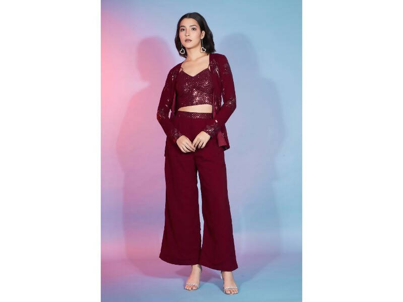 Red Georgette Sequence With Thread Designer Co-Ord Set - Flory - Distacart