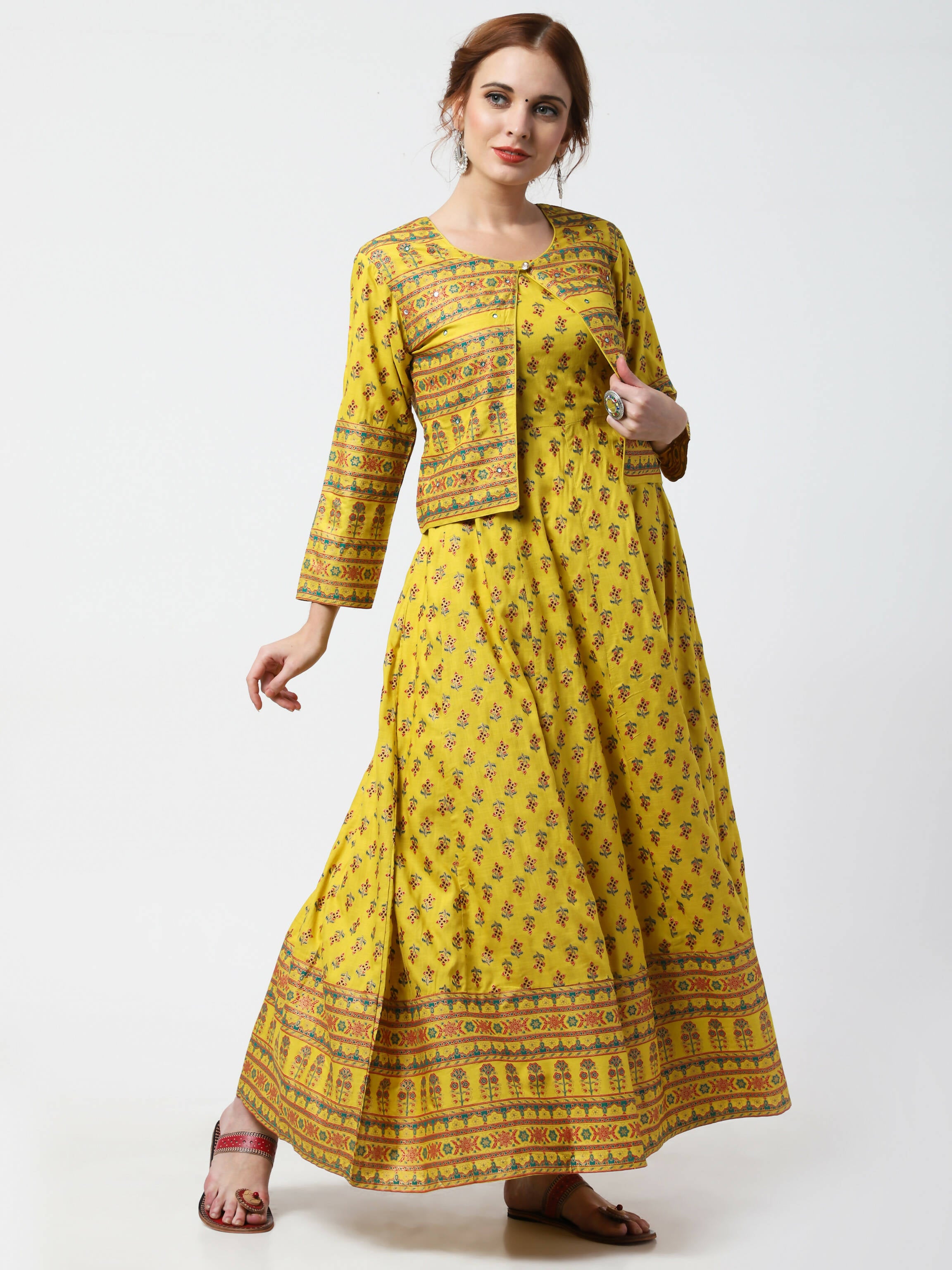 Cheera Women's Mustard Viscose Cotton Long Kalidar Kurta With Jacket - Distacart
