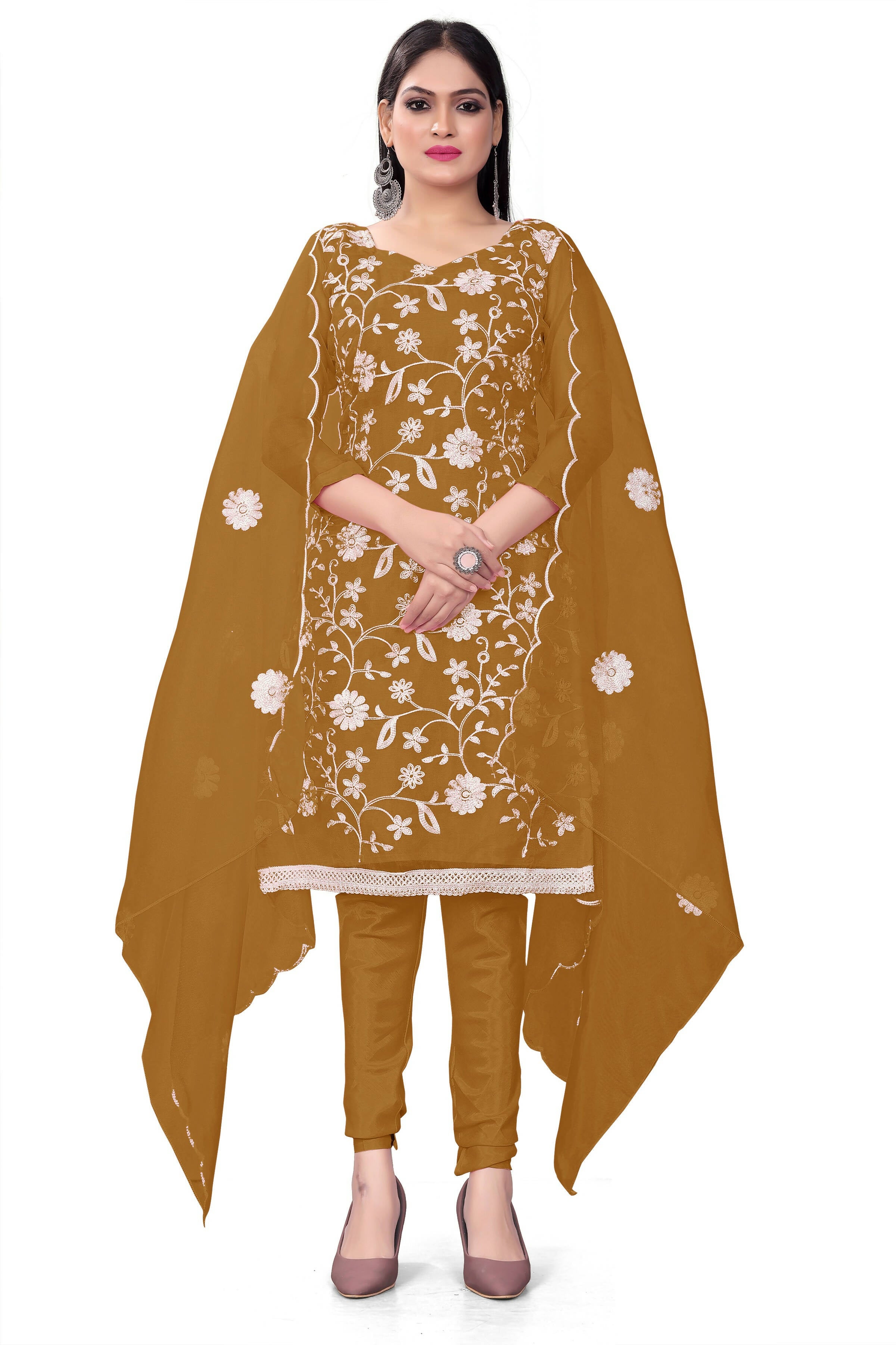 Olive Organza Silk Embroidered Work Unstitched Dress Material - Tanvi - Distacart