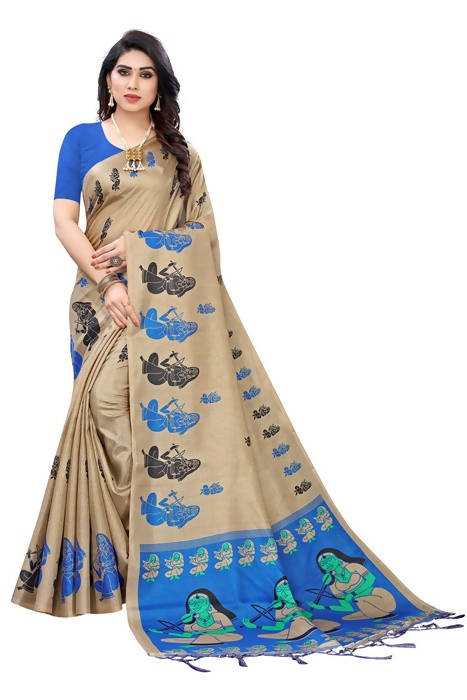 Vamika Brown Kalamkari Print With Jhalar Khadi Silk Saree (SHABRI ROYAL BLUE)