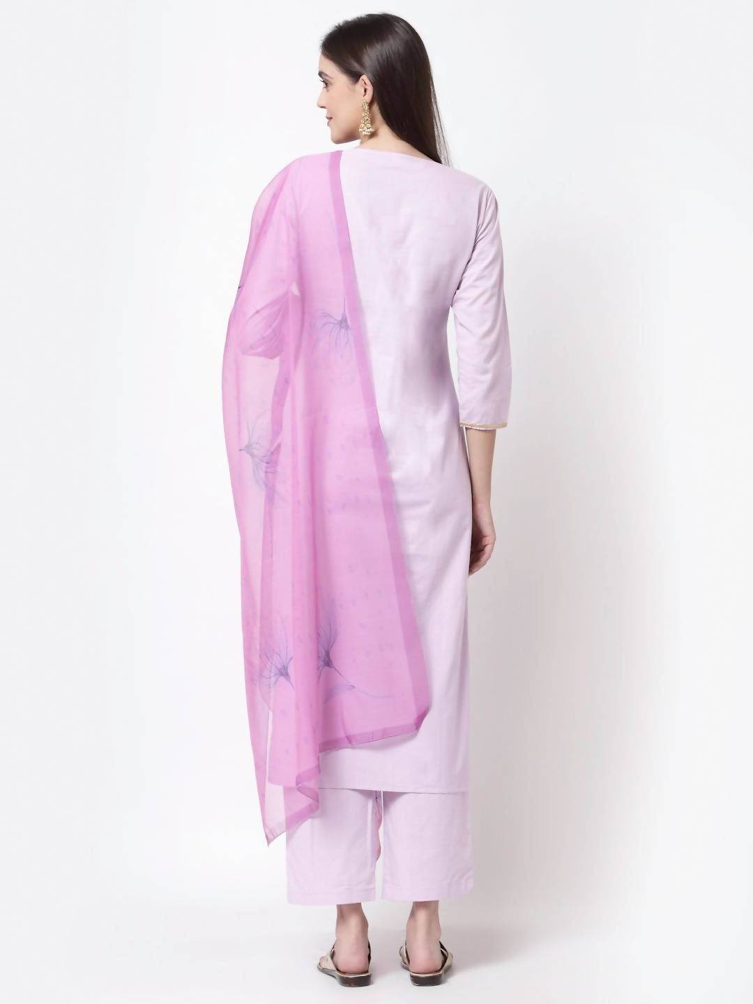 Myshka Light Purple Cotton Solid 3/4 Sleeve Round Neck Casual Kurta Pant Dupatta Set