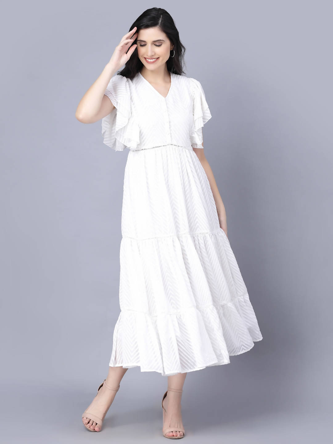 Myshka Georgette Solid Short Sleeve V Neck White Women Dress - Distacart
