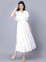 Thumbnail for Myshka Georgette Solid Short Sleeve V Neck White Women Dress - Distacart