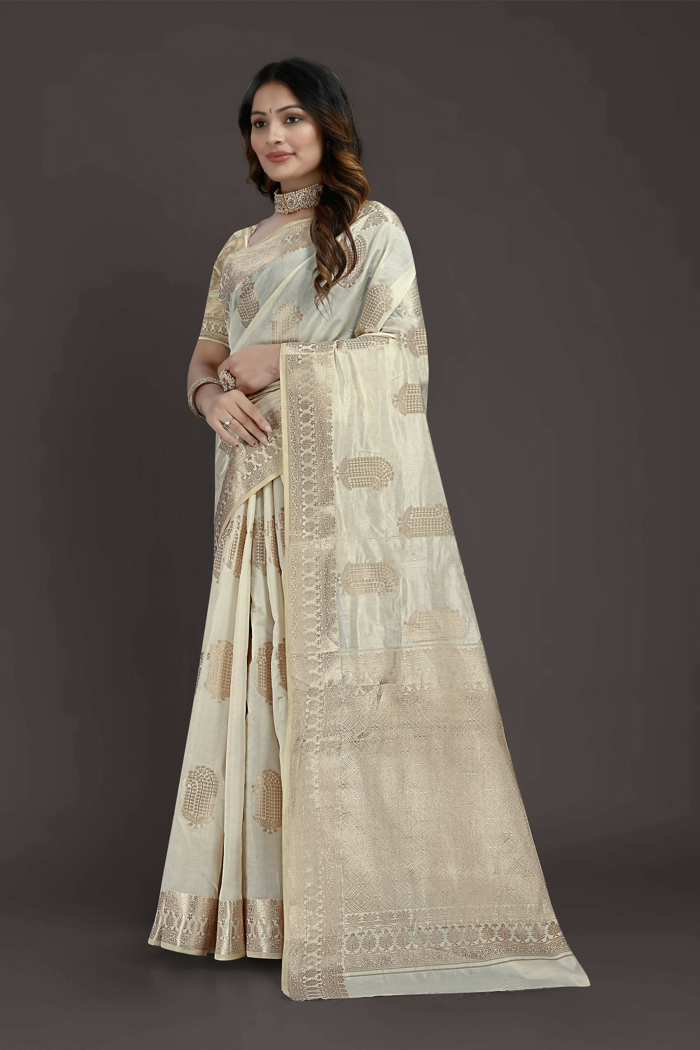 Off White Pure Raw Silk Zari Woven Saree with Unstitched Blouse Piece - Alisha - Distacart