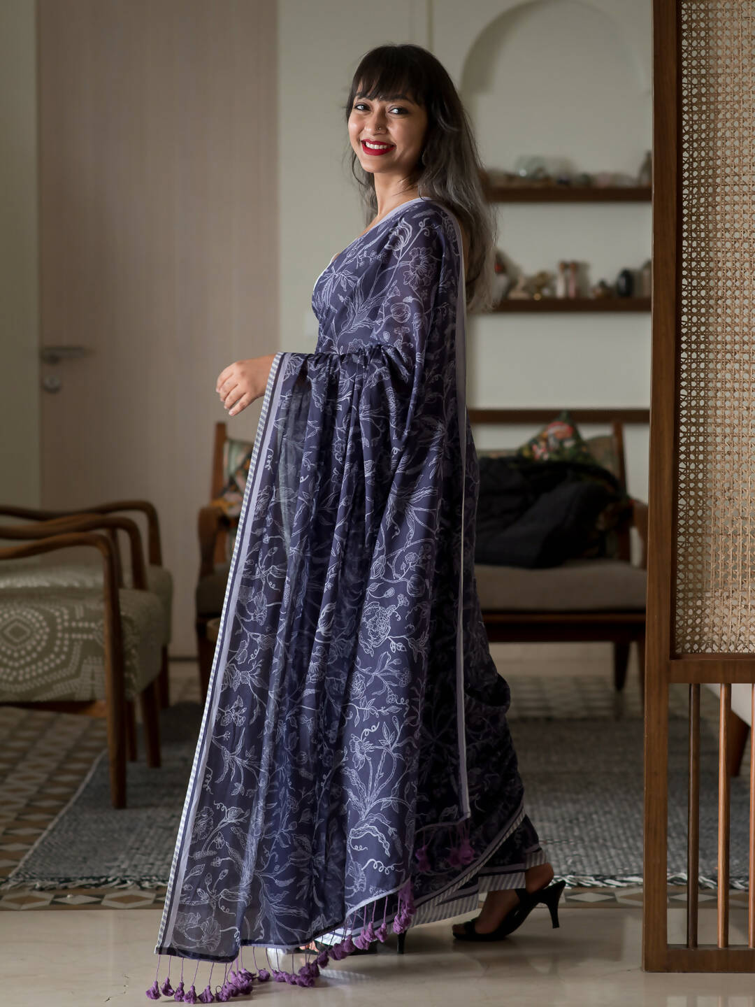 Suta Purple Floral Pure Cotton Saree - Distacart