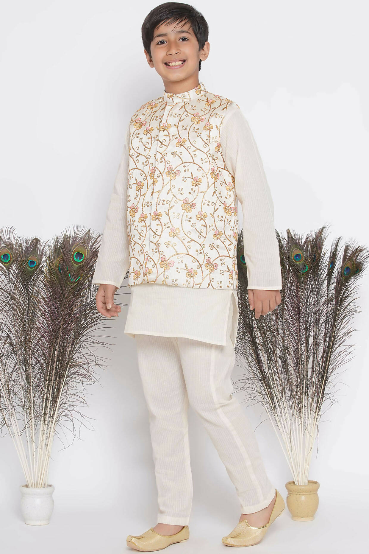 Little Bansi Banarsi Silk Orange Pink Floral Embroidery Jacket with Cotton Kantha kurta and Kantha Pyjama - Cream - Distacart