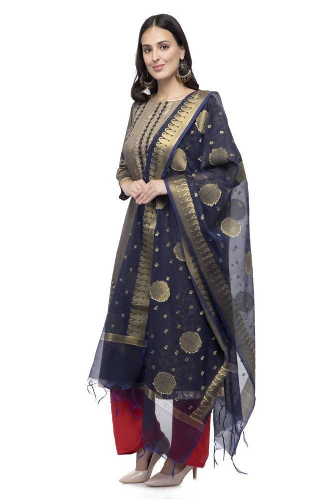A R Silk Women's Vanarsi Silk Zari Embroidery Navy Blue Fancy Dupatta