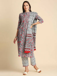Thumbnail for Anubhutee Women Grey & Pink Cotton Floral Kurta With Trousers & Dupatta - Distacart