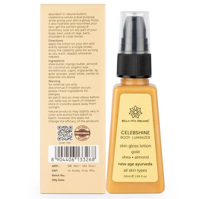 Bella Vita Organic Celeb Shine Body Luminizing Shimmer skin Gloss Lotion Gold Shea Butter Almond - Distacart