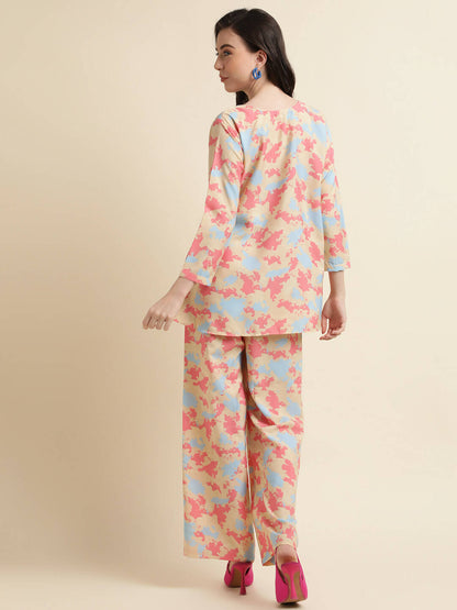 Beige & Pink Poly Crepe Digital Printed Top with Matching Bottom - Preeti - Distacart