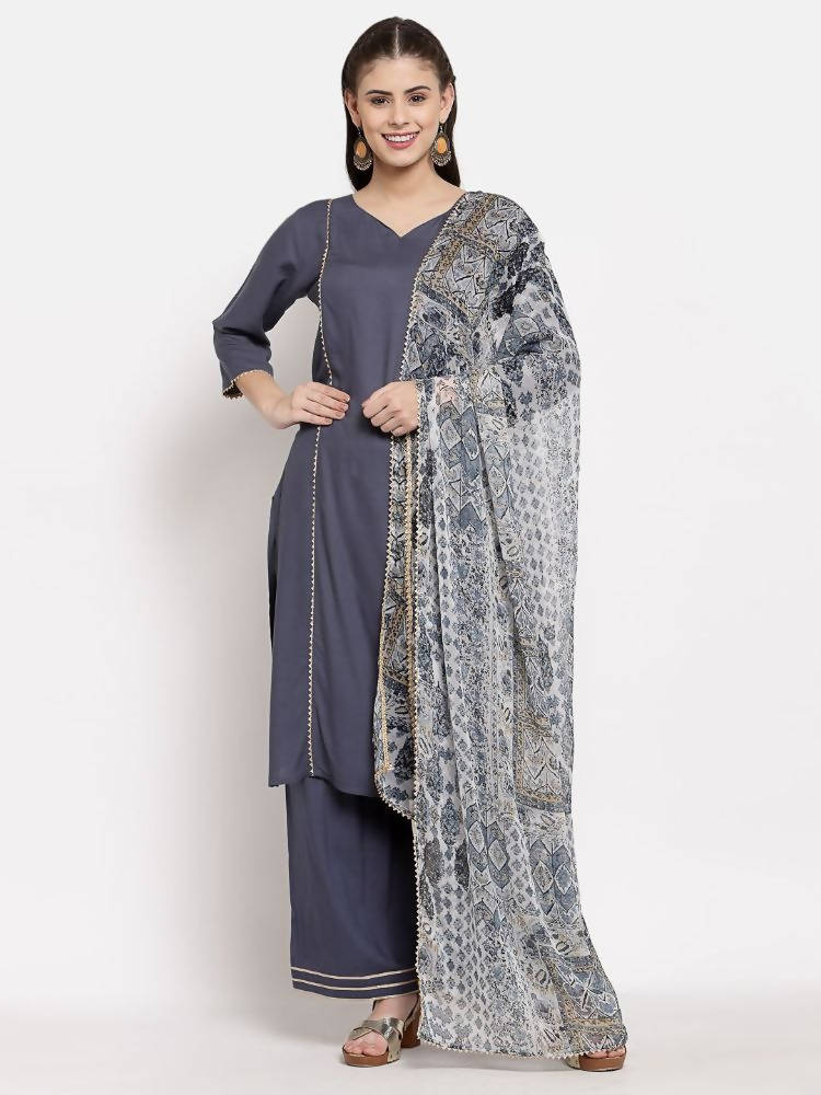 Myshka Women's Grey Cotton Solid 3/4 Sleeve V Neck Casual Kurta Palazzo Dupatta Set