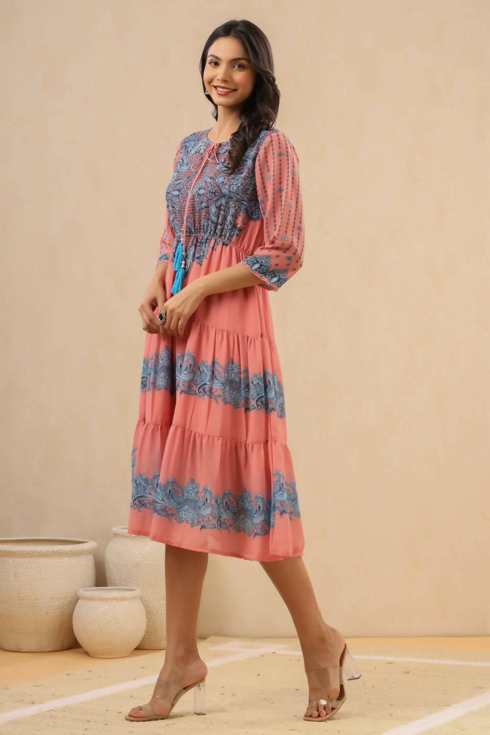 Juniper Womens Pink Georgette Printed Tiered Midi Dress - Distacart