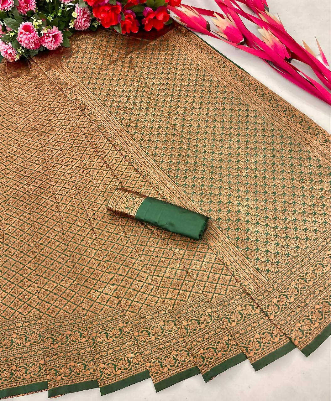 DEIANA'S Beautiful Golden Jari with New Design Soft Lichi Silk Saree - Green - Distacart