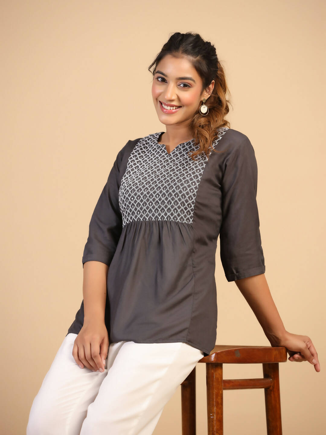 Womens Grey Rayon Yoke Embroidered Top - Keeva - Distacart