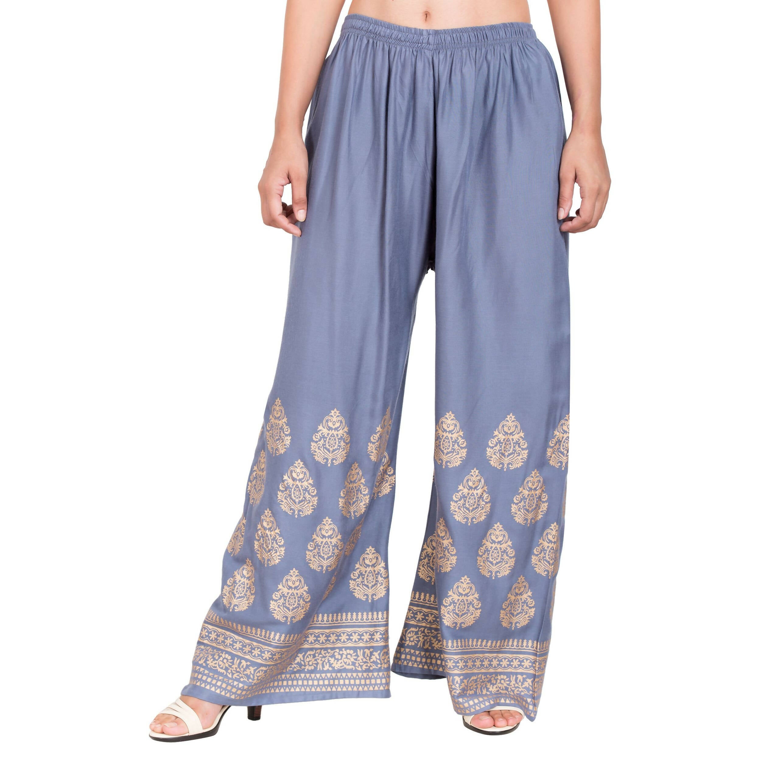 PAVONINE Grey Color Golden Printed Rayon Fabric Sharara For Women & Girls - Distacart