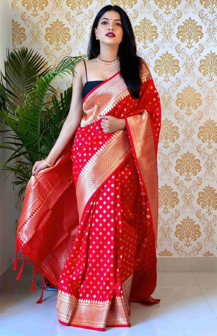 DEIANA'S Beautiful Golden Jari with New Design Soft Lichi Silk Saree - Red - Distacart