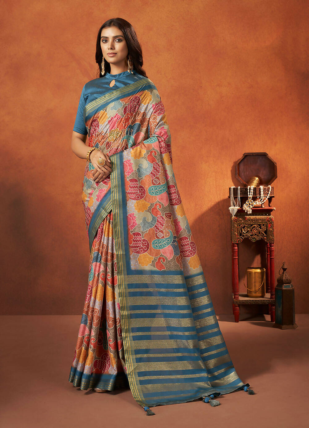 Blue Rangkat and Crepe Silk Paisley Saree With Unstitched Blouse Piece - Mohmanthan Royal Saachi - Distacart