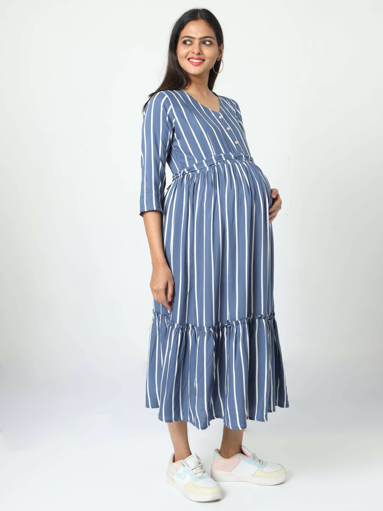 Manet Three Fourth Maternity Dress Striped With Concealed Zipper Nursing Access - Blue - Distacart